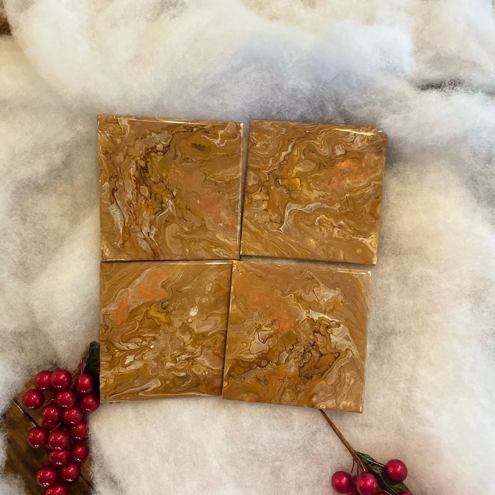 Set of 4 coasters Gold tones Hand painted Acrylic sealed w/resin Cork backing